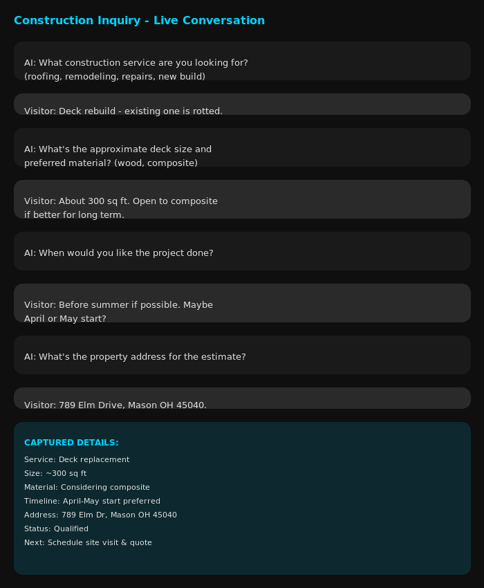 Construction services AI chatbot intake example capturing scope, timeline, and contact details