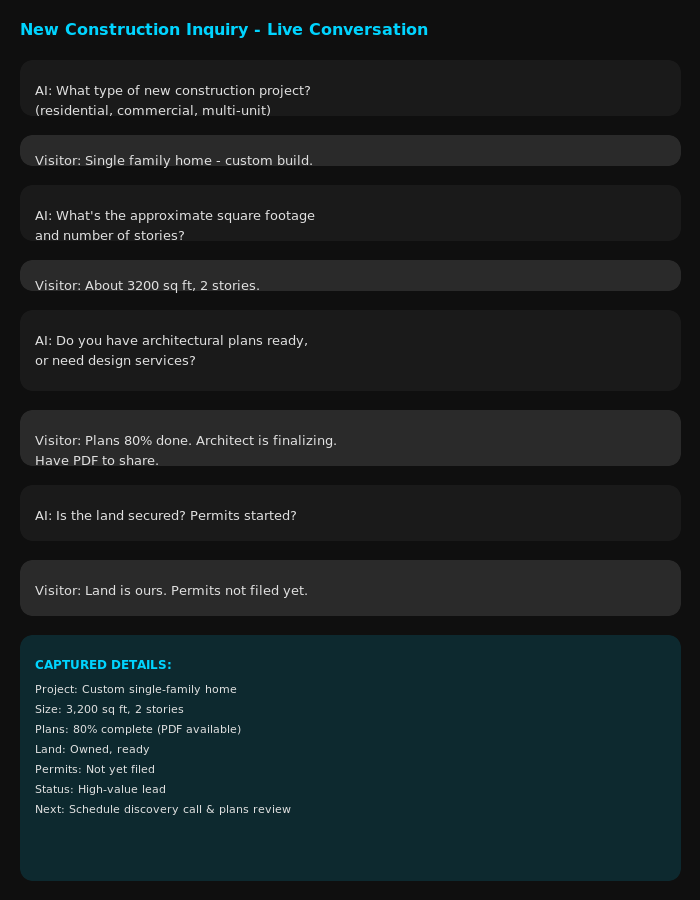 New construction AI chatbot intake example capturing square footage, plans upload, and discovery call details