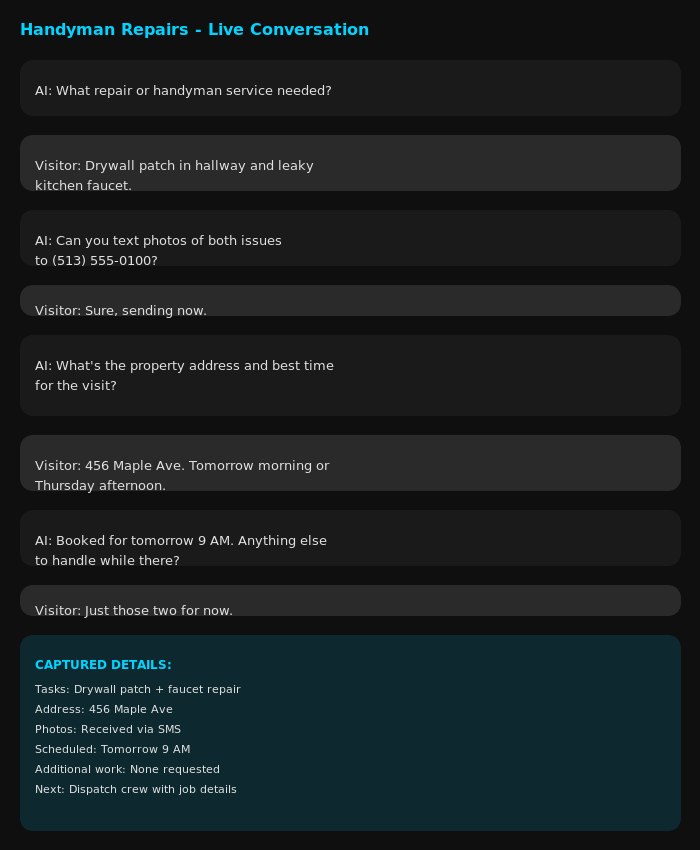 Handyman repairs AI chatbot intake example capturing issue details, photos, and appointment scheduling