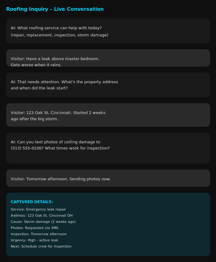 Roofing AI chatbot intake example capturing leak urgency, photos, and inspection scheduling
