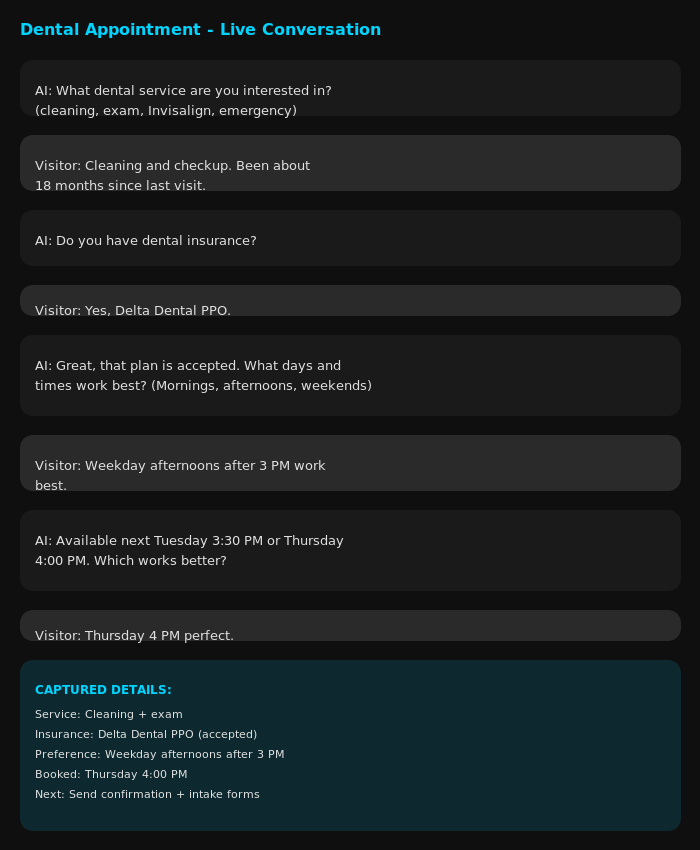 Med spa AI chatbot intake example capturing service interest, eligibility questions, and consultation scheduling